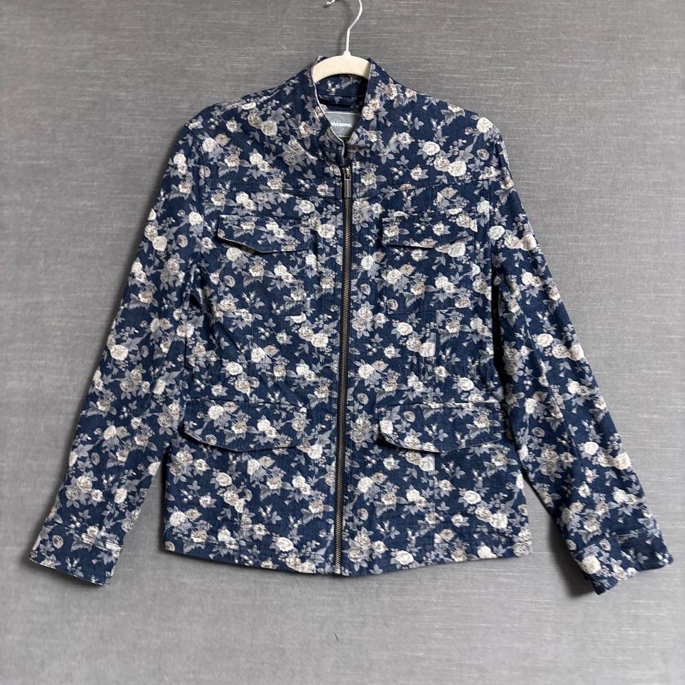 Johnston Murphy Jacket M Blue Cream Floral Denim Full Zip Utility Chore Moto